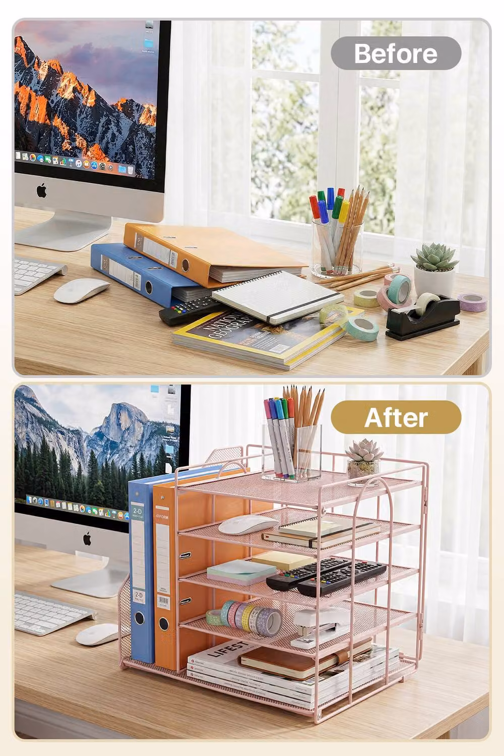 Living and Home 5-Tier Metal Desk Organiser with Vertical A4 File Sorter in Pink – 2