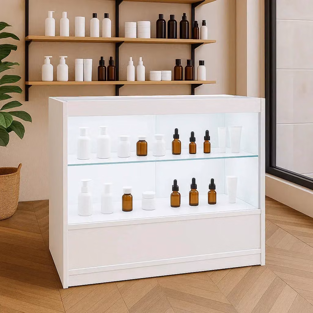 Monstershop C900 LED Retail Shop Counter in White with Glass Sliding Doors and Integrated Lighting – 3