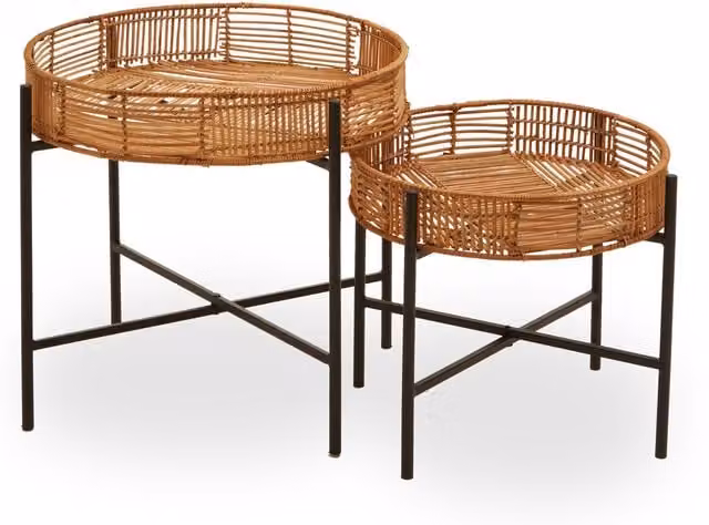 Interiors by Premier Orsina Batu Set of 2 Round Rattan Side Tables with Metal X-Frame in Brown and Black – 1
