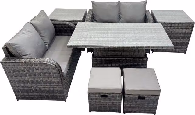 Fimous 6-Seater Rattan Garden Furniture Dining Set with 2 Small Stools in Dark Grey