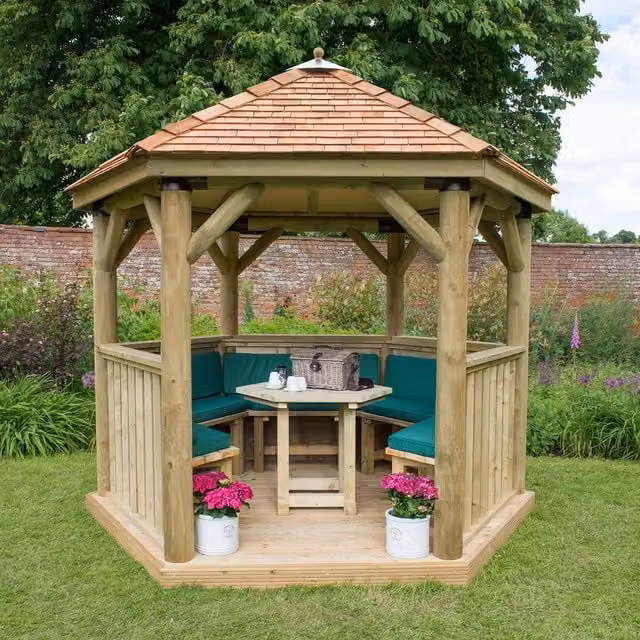 Forest Green Hexagonal Garden Gazebo with Cedar and Pine Wood and Steel Frame, 3 m Diameter
