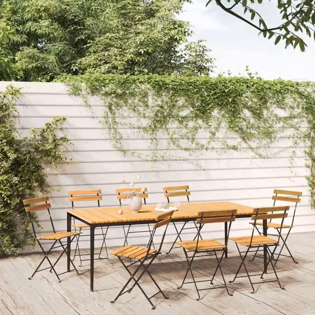 Berkfield Home Set of 8 Folding Garden Chairs in Brown Acacia Wood and Steel – 1