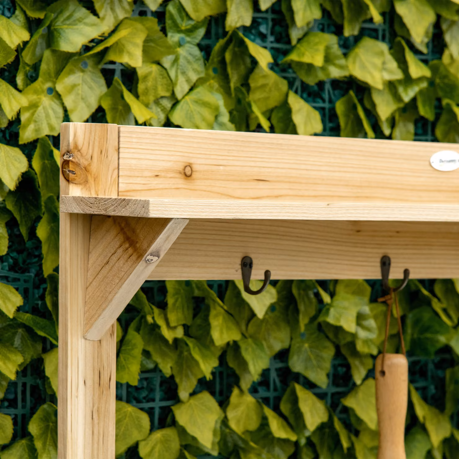 Outsunny Wooden Garden Potting Bench with Galvanised Steel Tabletop, Storage Shelves and Hooks, Brown – 6