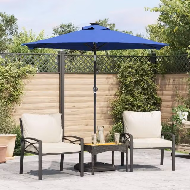 Berkfield Home Garden Parasol with LEDs and Steel Pole in Azure Blue, W/D/H: 225 x 225 x 212 cm – 1