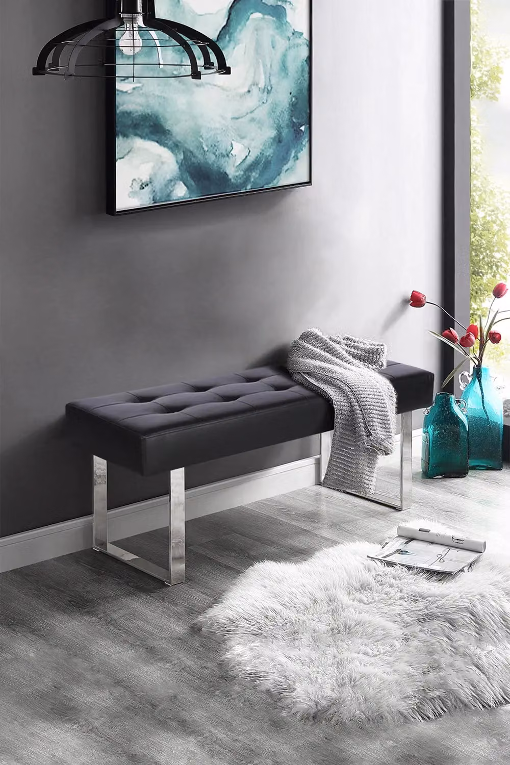 Living and Home Modern Faux Leather Bench with Metal Legs in Black – 2