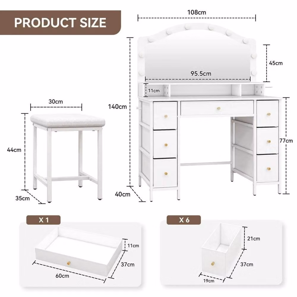 FORGEVIO Modern White Dressing Table with Hollywood LED Mirror and Drawers – 2