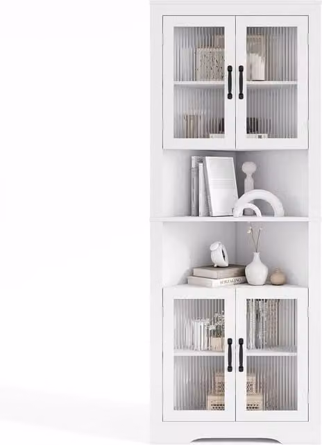 VOGREX White Triangular Corner Buffet Cabinet with Glass Doors and Internal Shelves, Height: 171 cm