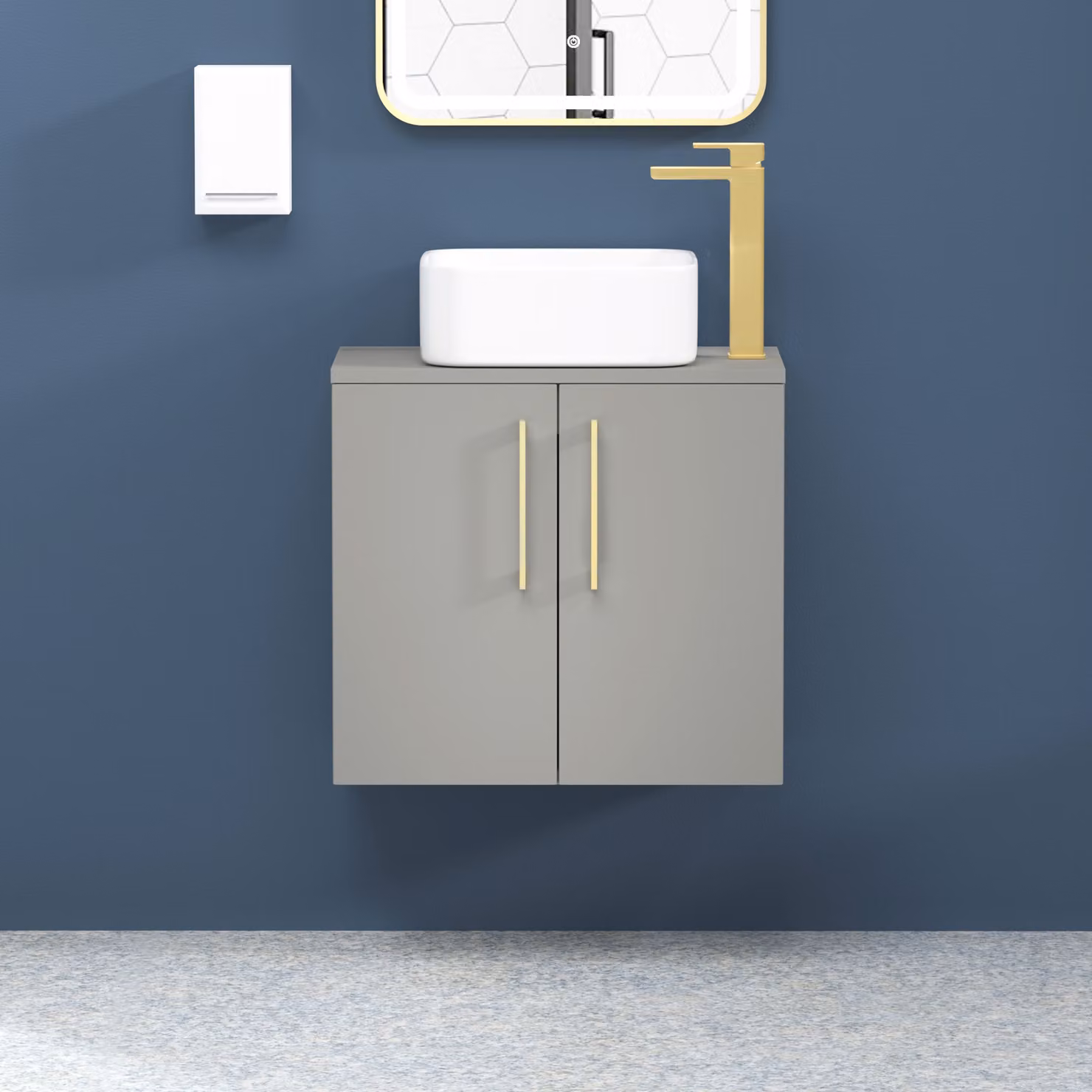 Royal Bathrooms Modena 800mm Wall Hung 2 Door Vanity Unit in Satin Grey with Brushed Brass Handle
