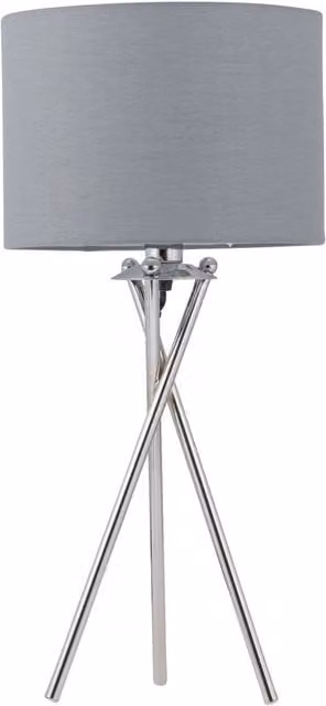 First Choice Lighting Chrome Tripod Table Lamp with Grey Fabric Shade – 1