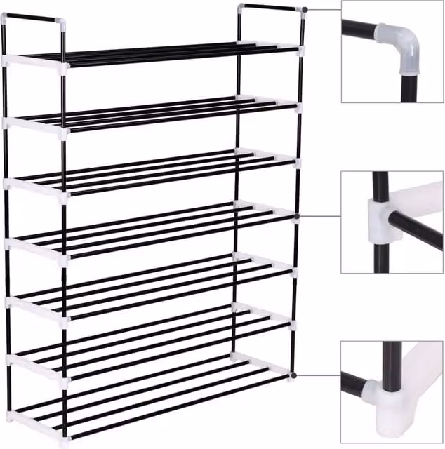 Berkfield Home 7-Shelf Freestanding Shoe Rack in Black Metal and Plastic – 1