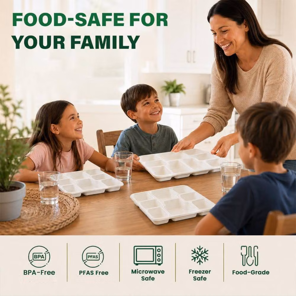 ECONX 100 Pack White Bagasse 9 Compartment Disposable Dinner Plates – 3