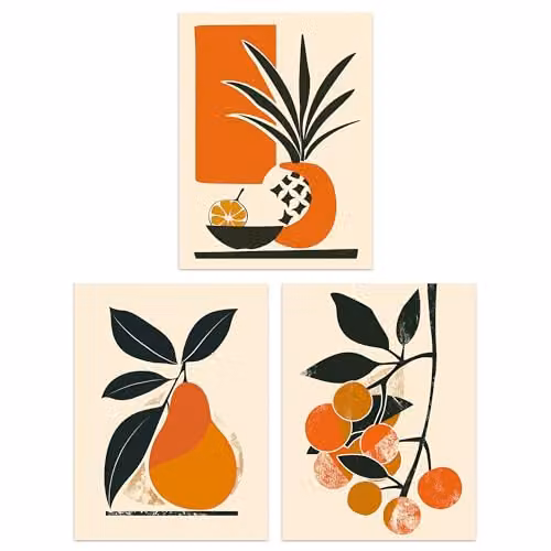 Wee Blue Coo Set of 3 Summer Fruit Boho Mid Century Kitchen Wall Art Posters, Orange and Blue, W: 21.0 cm, H: 29.7 cm