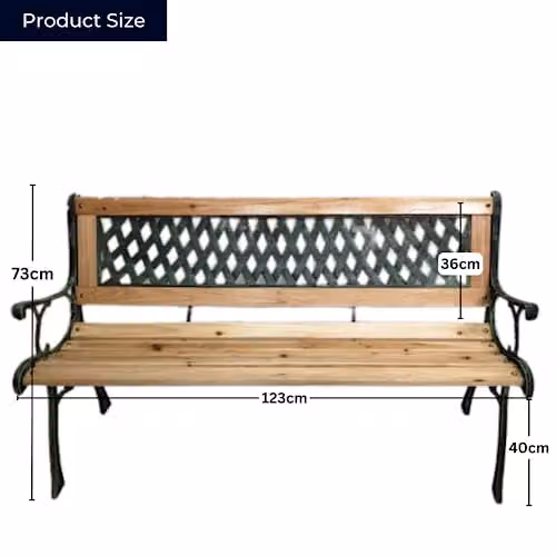 Samuel Alexander 2 Seater Brown Wooden and Cast Iron Garden Patio Bench with Lattice Design W/D/H: 119 x 73 x 34 cm – 3