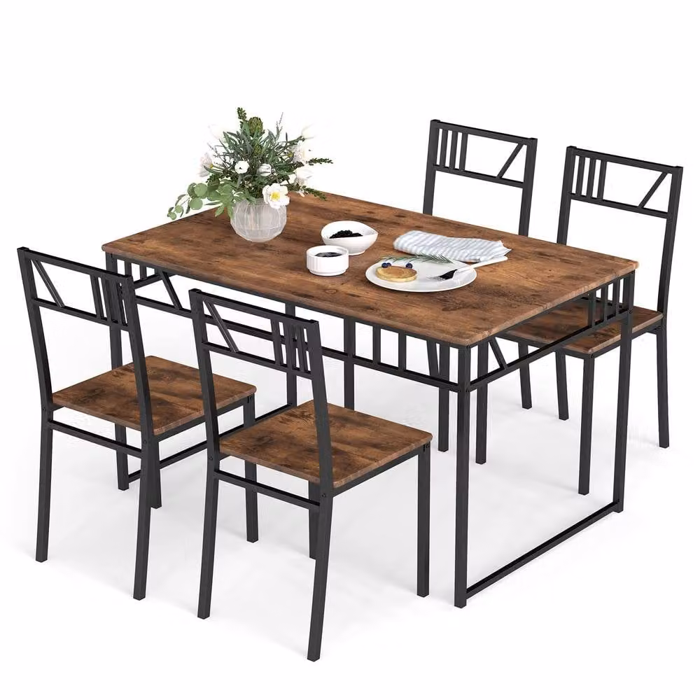 Costway 5 Piece Industrial Style Dining Table and 4 Chairs Set in Brown – 10