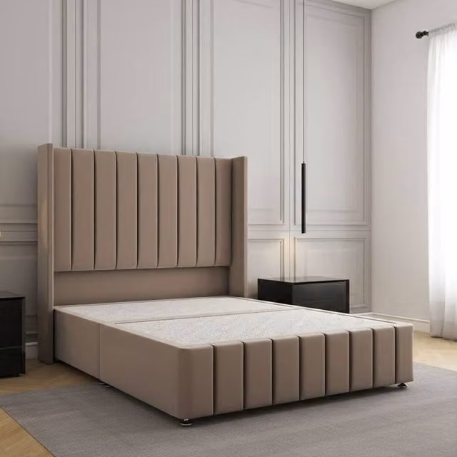 Regional Furnishings Bronze Velvet Upholstered Double Divan Bed with 54 inch Headboard and 12 inch Footboard, W/D/H: 140 x 200 x 30.48 cm