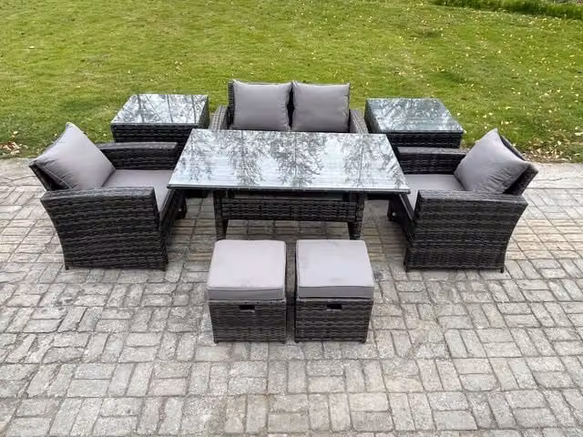 Fimous 6 Seater PE Wicker Outdoor Garden Furniture Set with Rectangular Dining Table and Lounge Sofa in Dark Grey