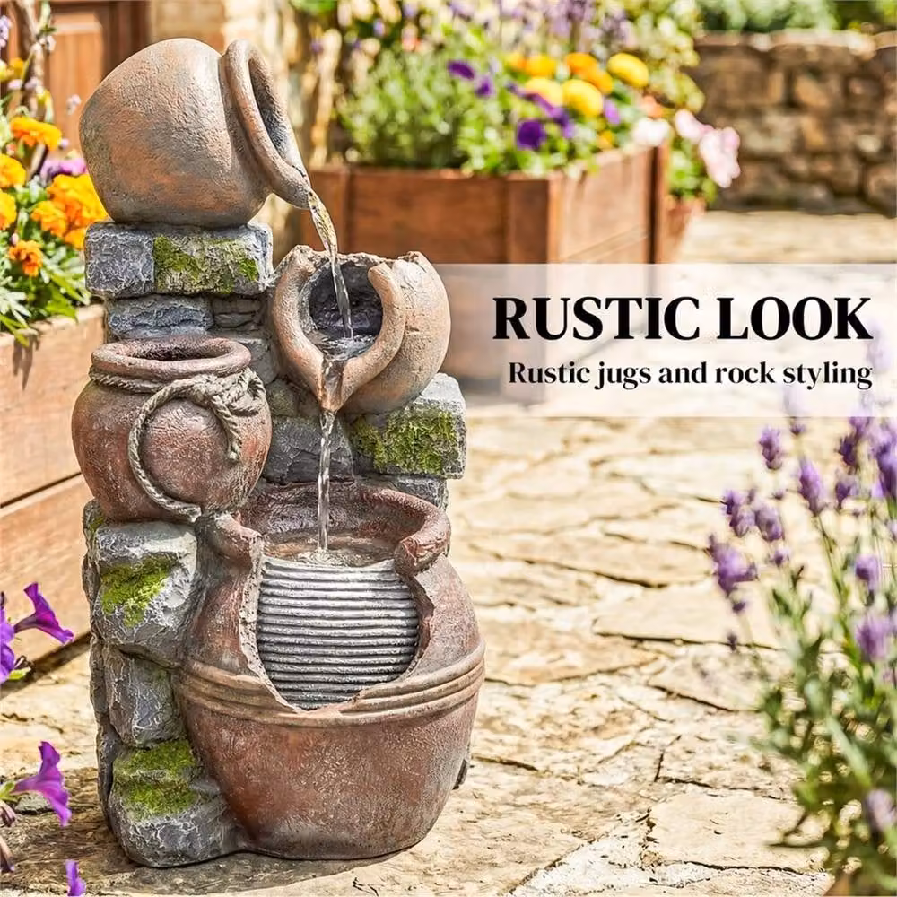 Nordara 4-Tier Brown Stone Cascade Outdoor Garden Water Fountain with LED Lights, W/D/H: 60 x 60 x 100 cm – 5