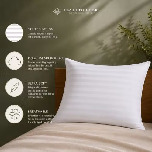 Opulent Home White Striped Microfibre Pillow with Hollowfibre Filling, Medium Firm Support for Side and Back Sleepers – 2