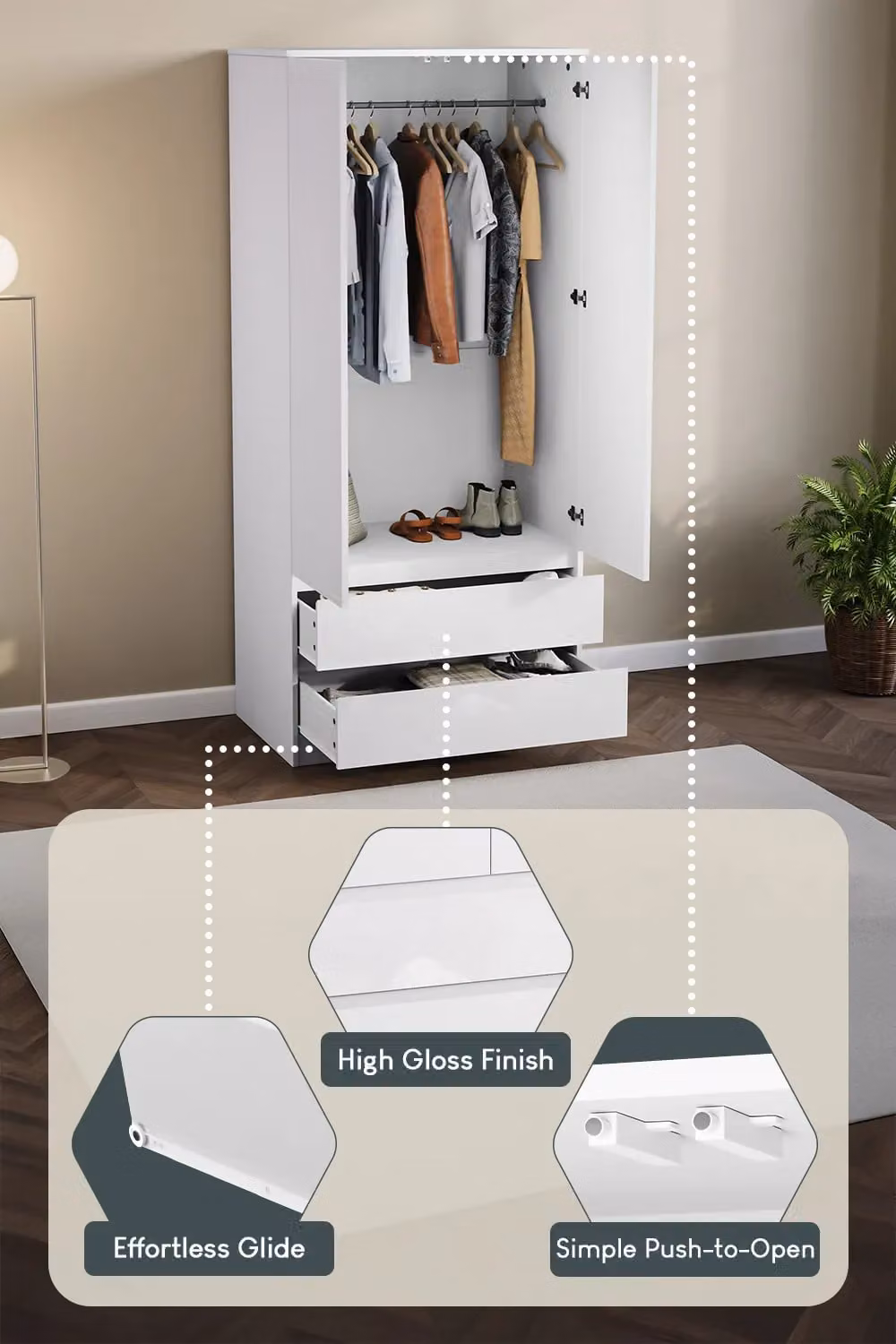 Vida Designs Glinton High Gloss 2 Door 2 Drawer Wardrobe in White – 3