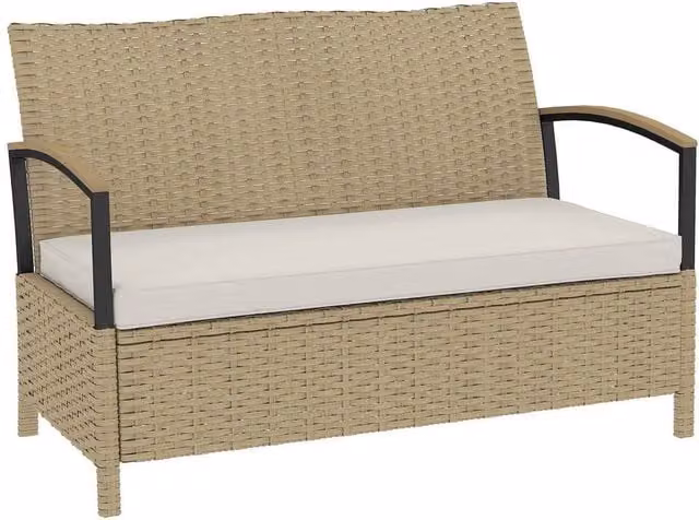 NESTLUNE 125L 2 Seater Garden Storage Bench in Beige PE Rattan, W: 100 cm, D: 15 cm – 1