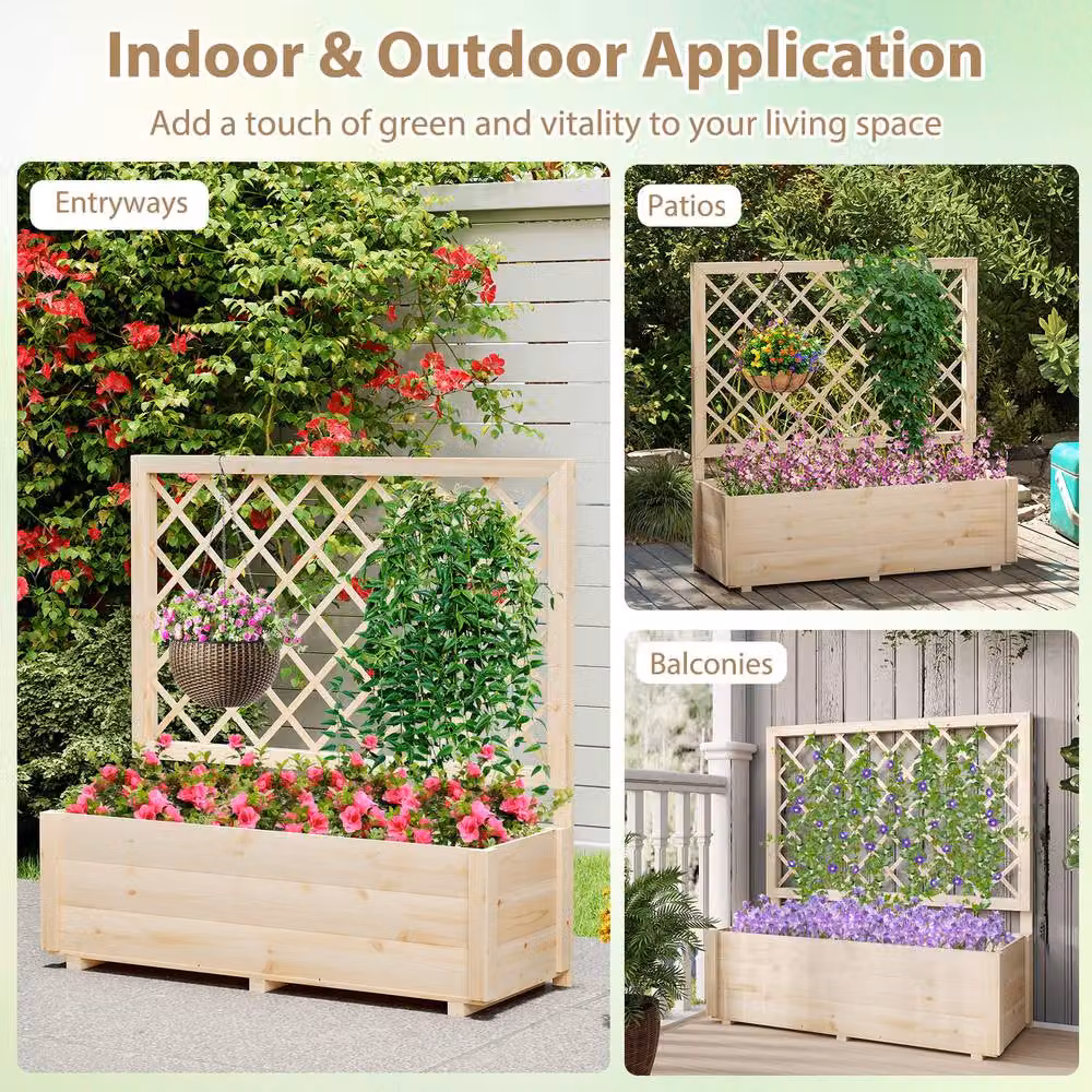 Costway Wooden Raised Garden Bed with Lattice Trellis for Vegetables and Climbers, Sand/Beige, W: 104 cm, D: 34 cm, H: 34 cm – 2