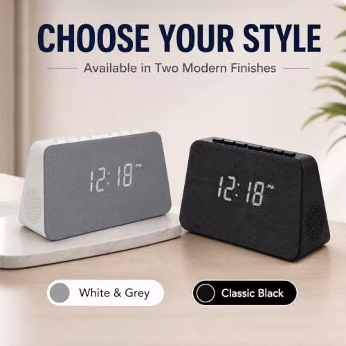 Grouptronics GTQ-RENEW Wireless Charging Alarm Clock Radio with FM Radio and USB Charging, Black with Black Cloth Screen – 7