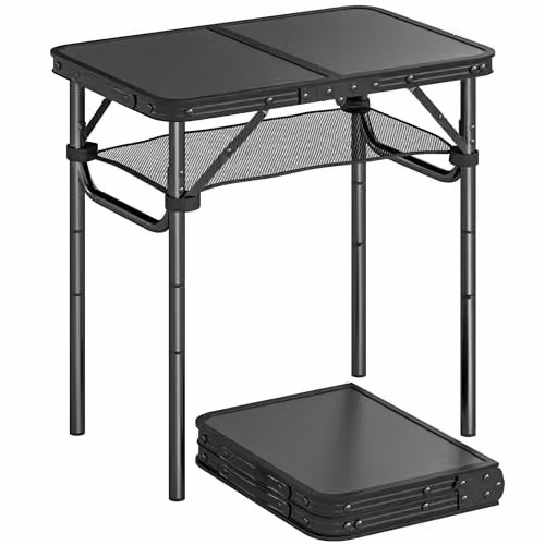 Outsunny Height Adjustable Folding Camping Table with Mesh Storage Layer in Black and Brown, W/D/H: 60 x 60 x 40 cm