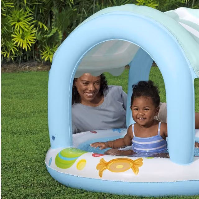 Bestway Sweet Shoppe Inflatable Round Kiddie Pool with Canopy and Air Inflated Floor, Blue