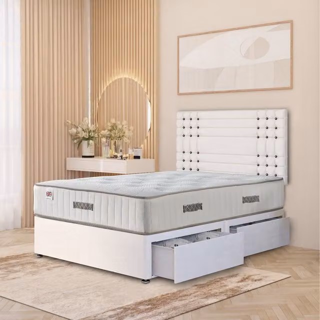 Somnior Beds Ltd Saville White Plush Velvet Divan Bed Set with Headboard and Drawers W/D/H: 90 x 190 cm