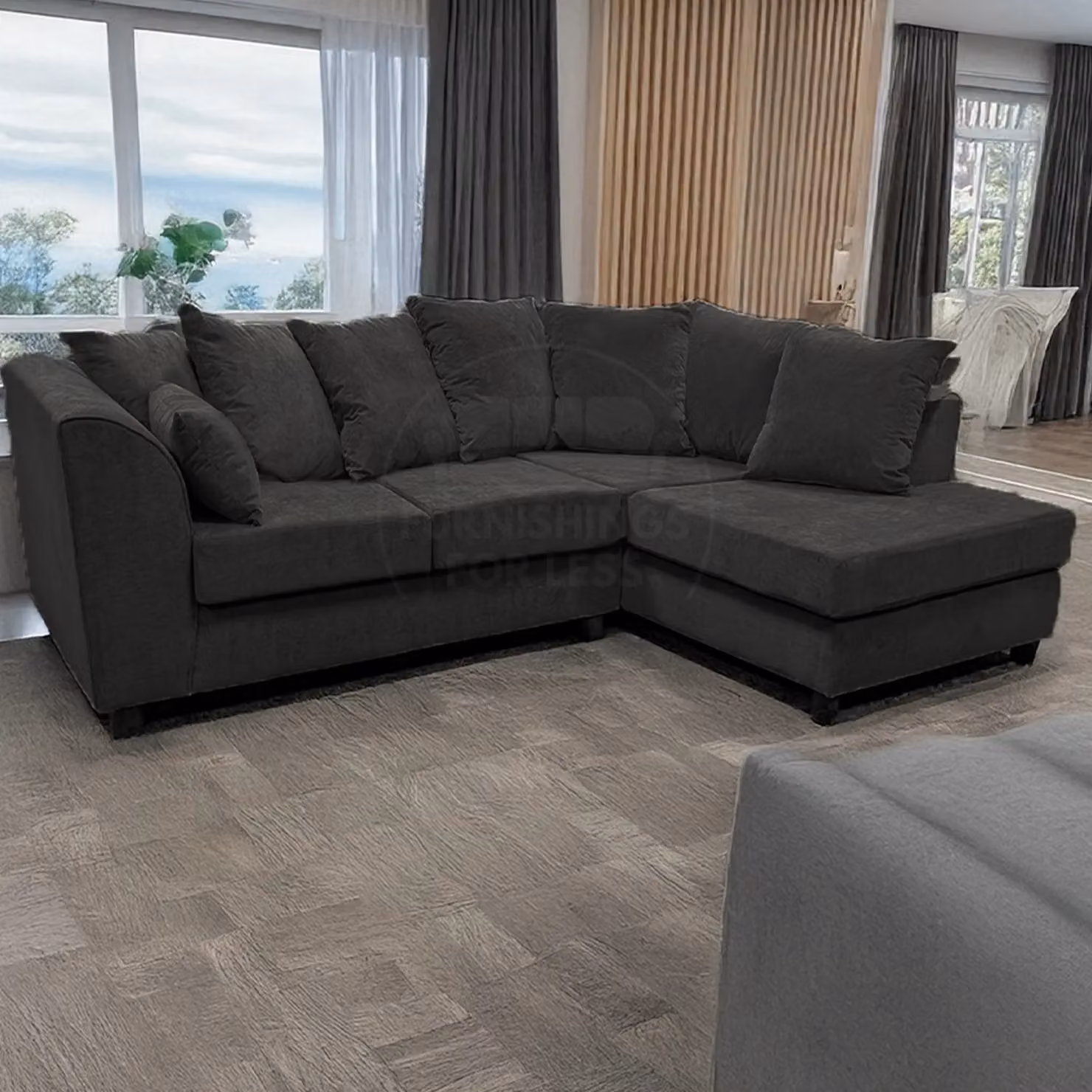 Furnishings For Less UK Casper Chenille 3 to 4 Seater L Shaped Corner Sofa, Right Hand Facing, Black – 4