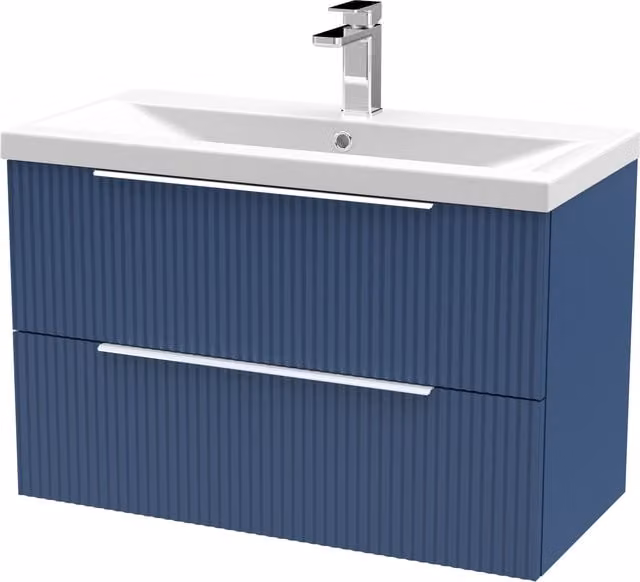 Balterley Fluted Wall Hung 2 Drawer Vanity Basin Unit and Basin, Satin Blue, Width: 80 cm
