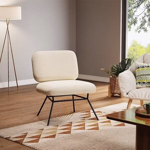 Livingandhome Scandinavian Bouclé Fabric Accent Chair with Metal Frame in White and Black