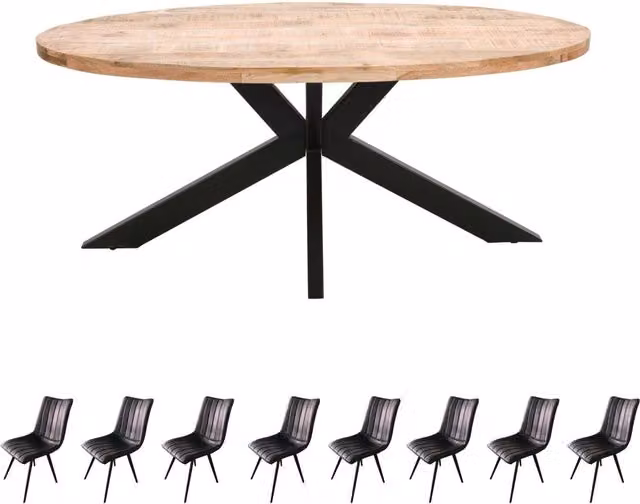 IH Design Merlin Mango Wood Oval Dining Table Set with 8 Chairs, Brown
