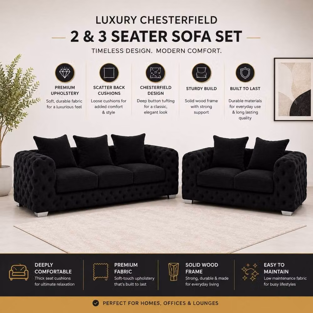 Stratus Interiors Ashley Scatter Back Chesterfield Fabric Sofa 2 and 3 Seater Set in Black – 2