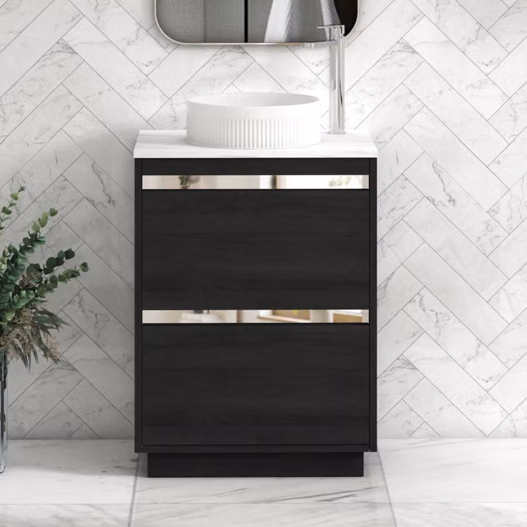 Royal Bathrooms Orion 800mm Hale Black Floor Standing Vanity Unit with Carrara White Countertop, 2 Drawers, Round Basin and Chrome Accent Trim