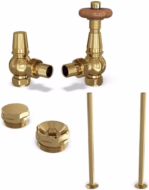 Derry Traditional Angle Thermostatic Radiator Valve Installation Kit with Thermostat Head in Polished Brass, 1/2 inch