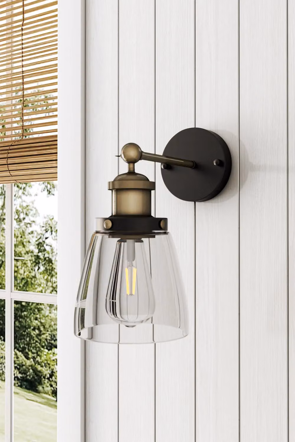 Living and Home Industrial 1-Light Armed Wall Sconce with Black Metal Finish and Transparent Glass Cone Shade, W: 14 cm, H: 16 cm – 2