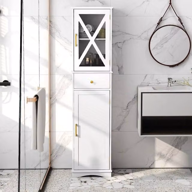 KORVIXA Modern Freestanding Tall Bathroom Linen Tower Storage Cabinet in White with Glass Doors and Internal Shelves – 1