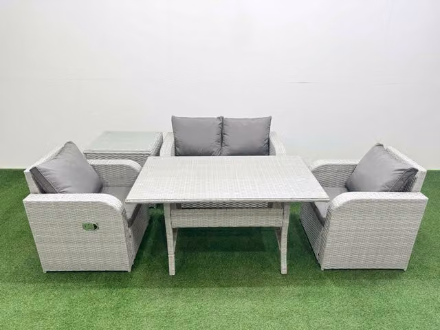 Fimous 4 Seater Light Grey PE Wicker Rattan Garden Furniture Set with Reclining Chairs, Rectangular Dining Table and Side Table