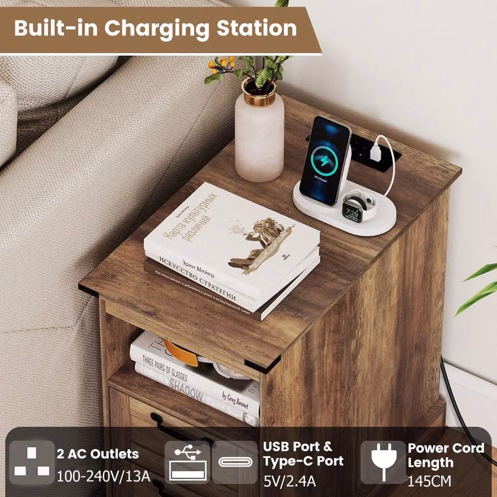 VOGREX Brown Farmhouse Charging Station Nightstand with Grommet and Media Compartments – 5