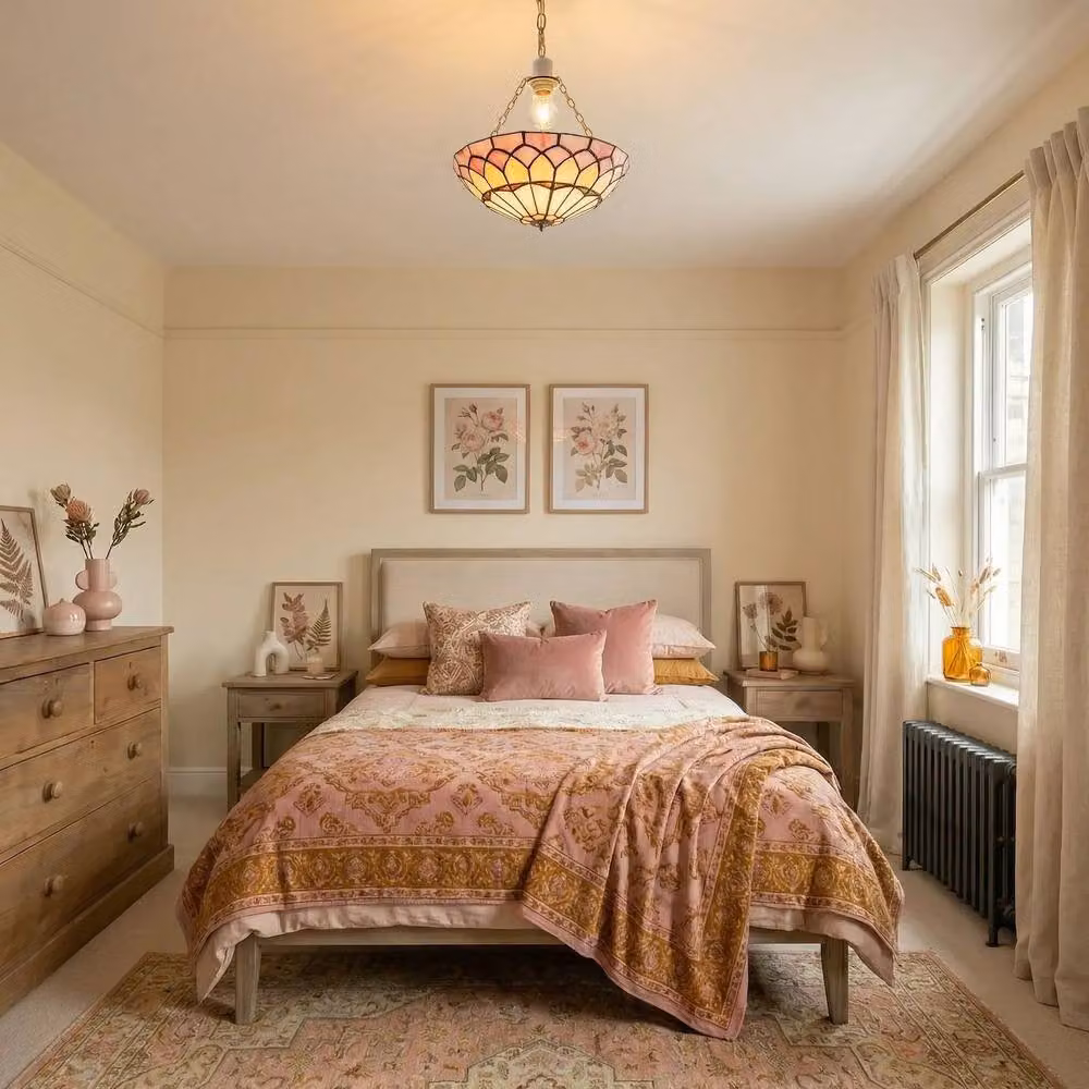 Happy Homewares Pink and Gold Stained Glass Domed Tiffany Pendant Light Shade with Chains – 2