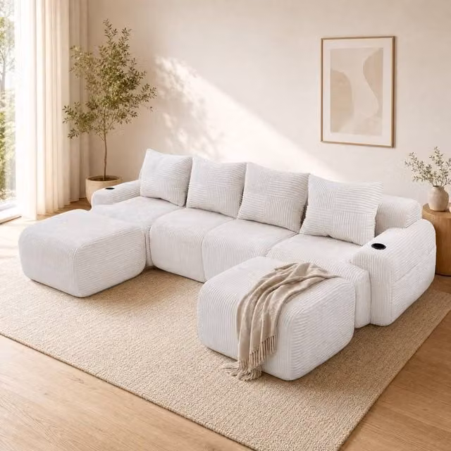 STILVORA 4-Seater Modular L-Shape Sofa with Cup Holders and Storage Pockets in Beige – 1