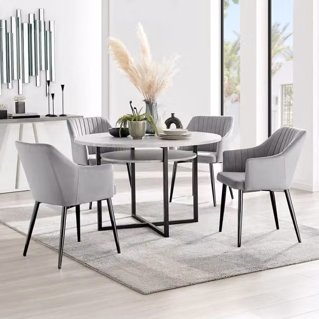 FurnitureboxUK Adley Grey Concrete Effect Round Dining Table and 4 Calla Cream Velvet Chairs with Black Metal Legs