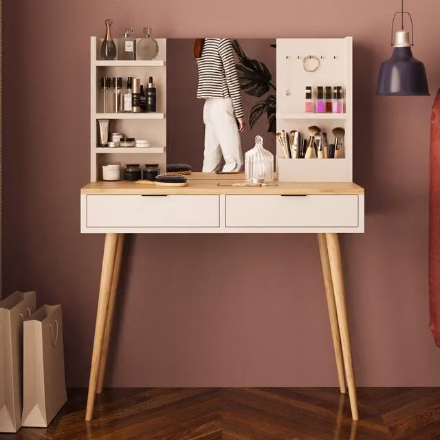 BIMOSSA Bella Women's Vanity Dressing Table with Mirror, Shelves and 2 Drawers in Light Oak