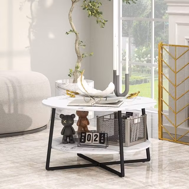 HOMCOM 2-Tier Round Coffee Table with Storage Shelf in White and Black