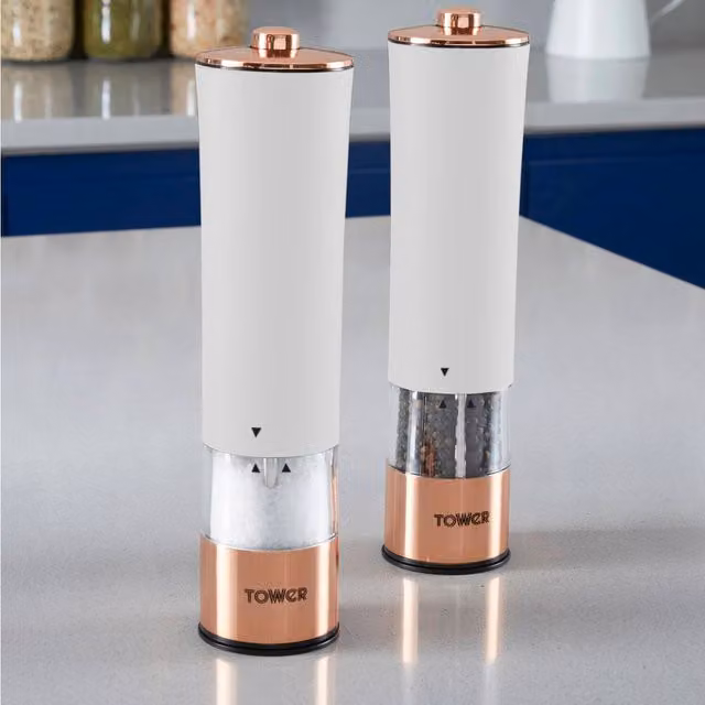 Tower Electric Salt and Pepper Mill in White and Gold