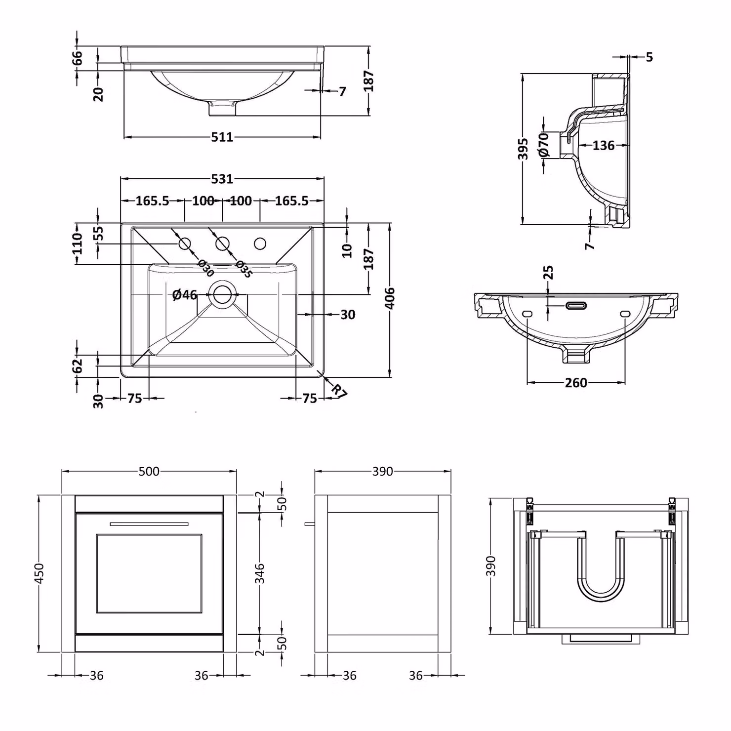 Balterley Wall Hung 1 Drawer Vanity Unit and 3TH Fireclay Basin, Dark Grey, Width: 50 cm – 6