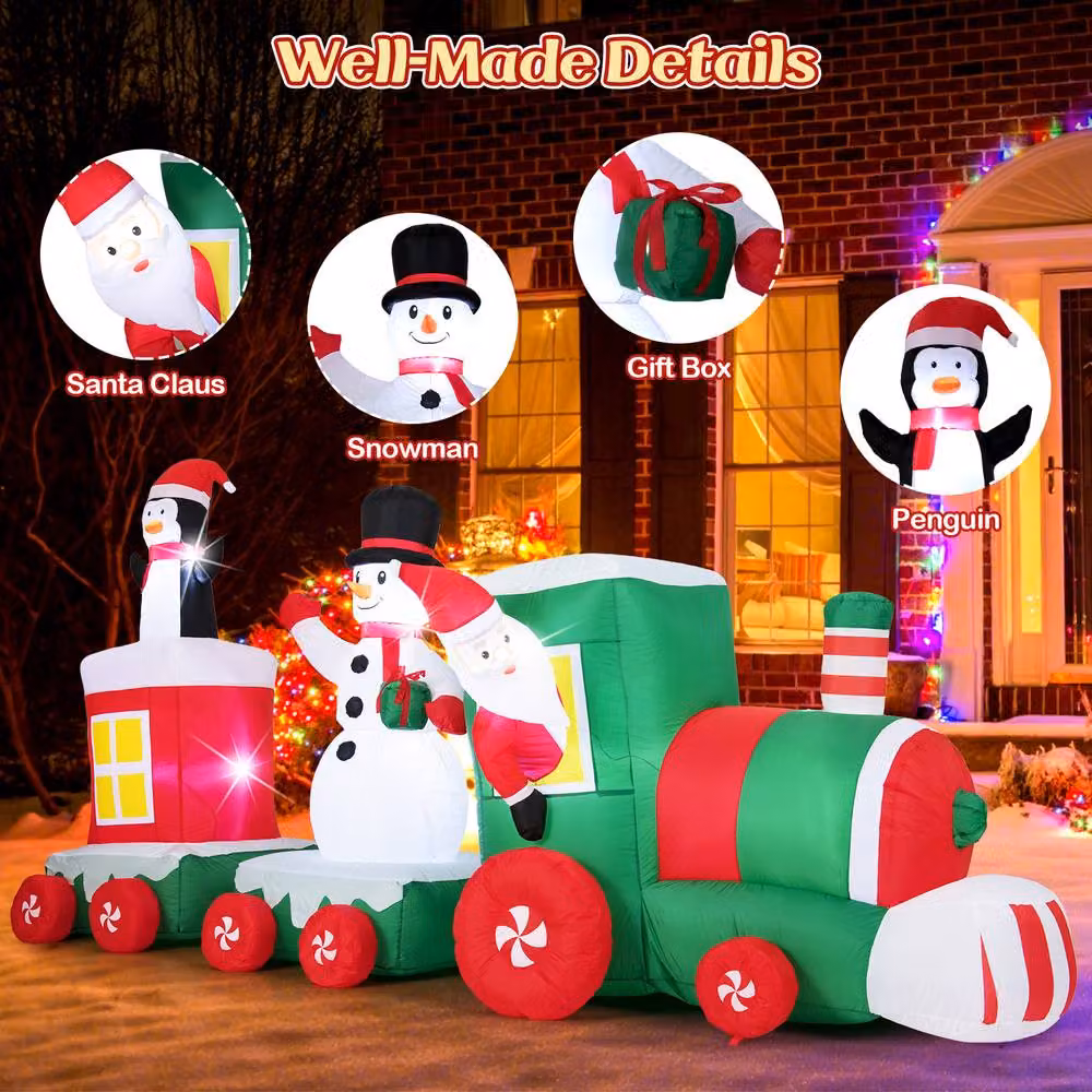Gymax Red and Multicolour Christmas Inflatable Santa Claus Driving Train with LED Lights – 5