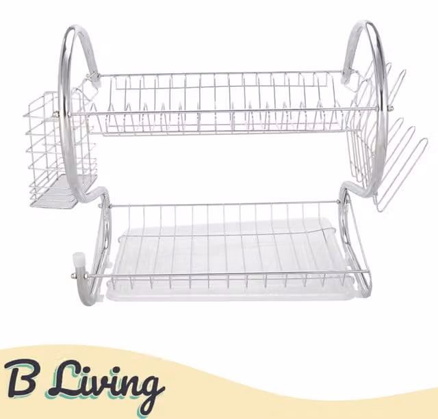 B Living Two Tier Metal Dish Drainer Drying Rack with Cutlery and Cup Holder in Silver