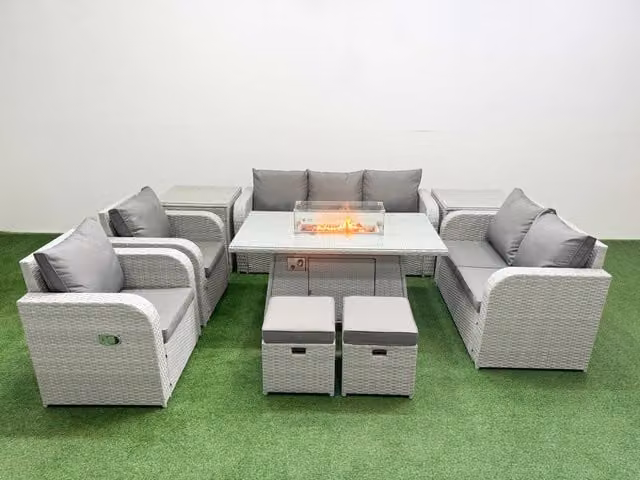 Fimous Grey PE Rattan Garden Furniture Set with Reclining Chairs, Double Love Seat, Firepit Dining Table, 2 Stools and 2 Side Tables